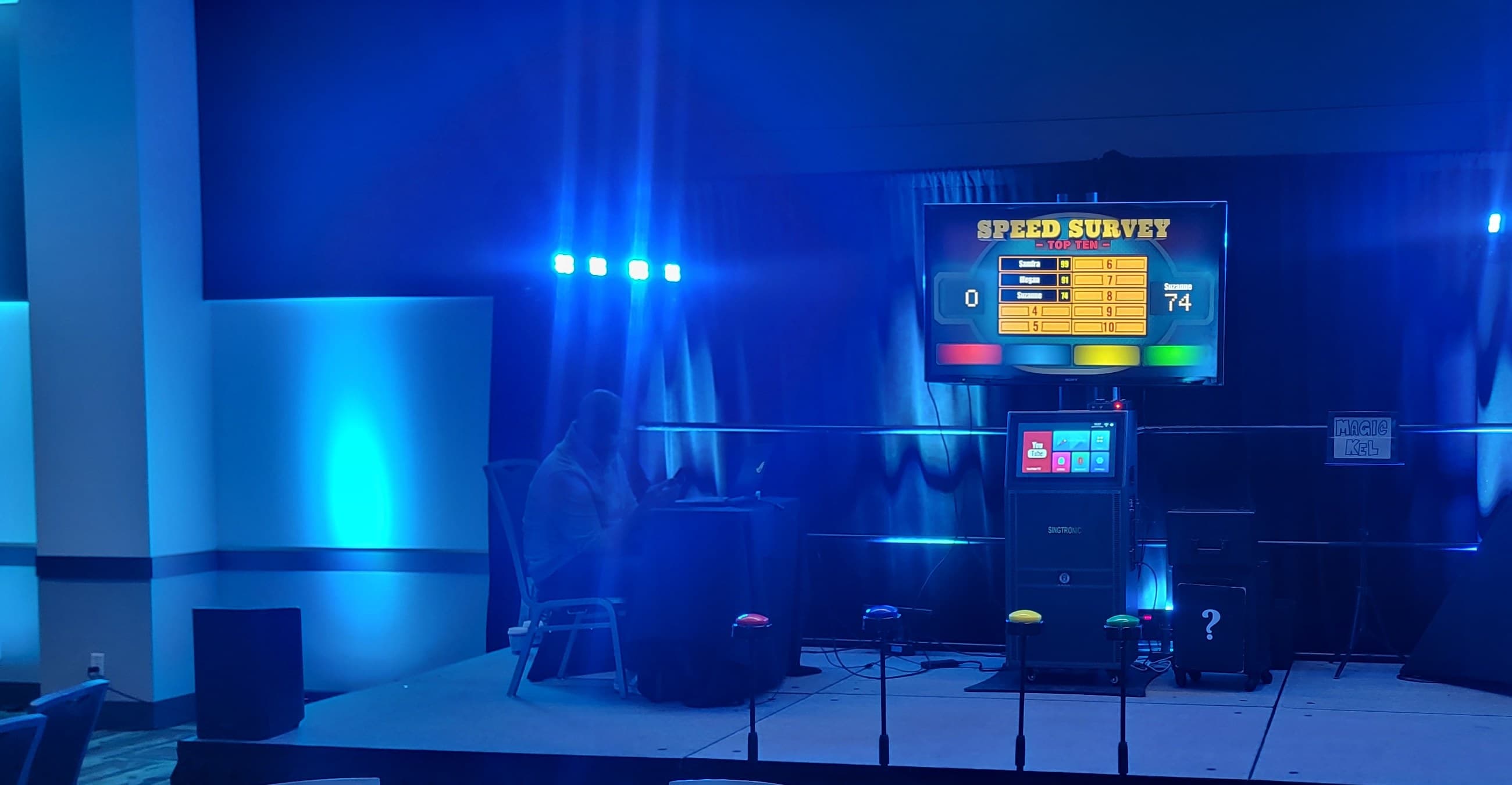 A custom game show stage at a Vancouver corporate event, the scoreboard lit up on the big screen